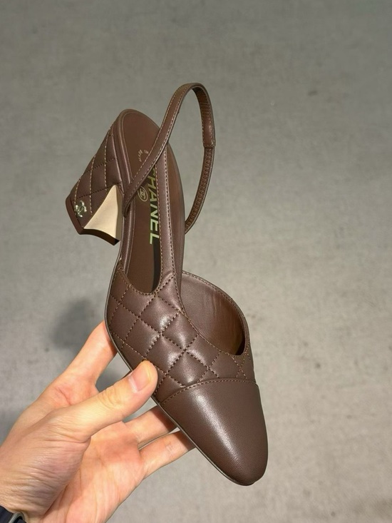CHANEL Shoes - CHANEL Brown Quilted Slingback Low Block Heel Pump
